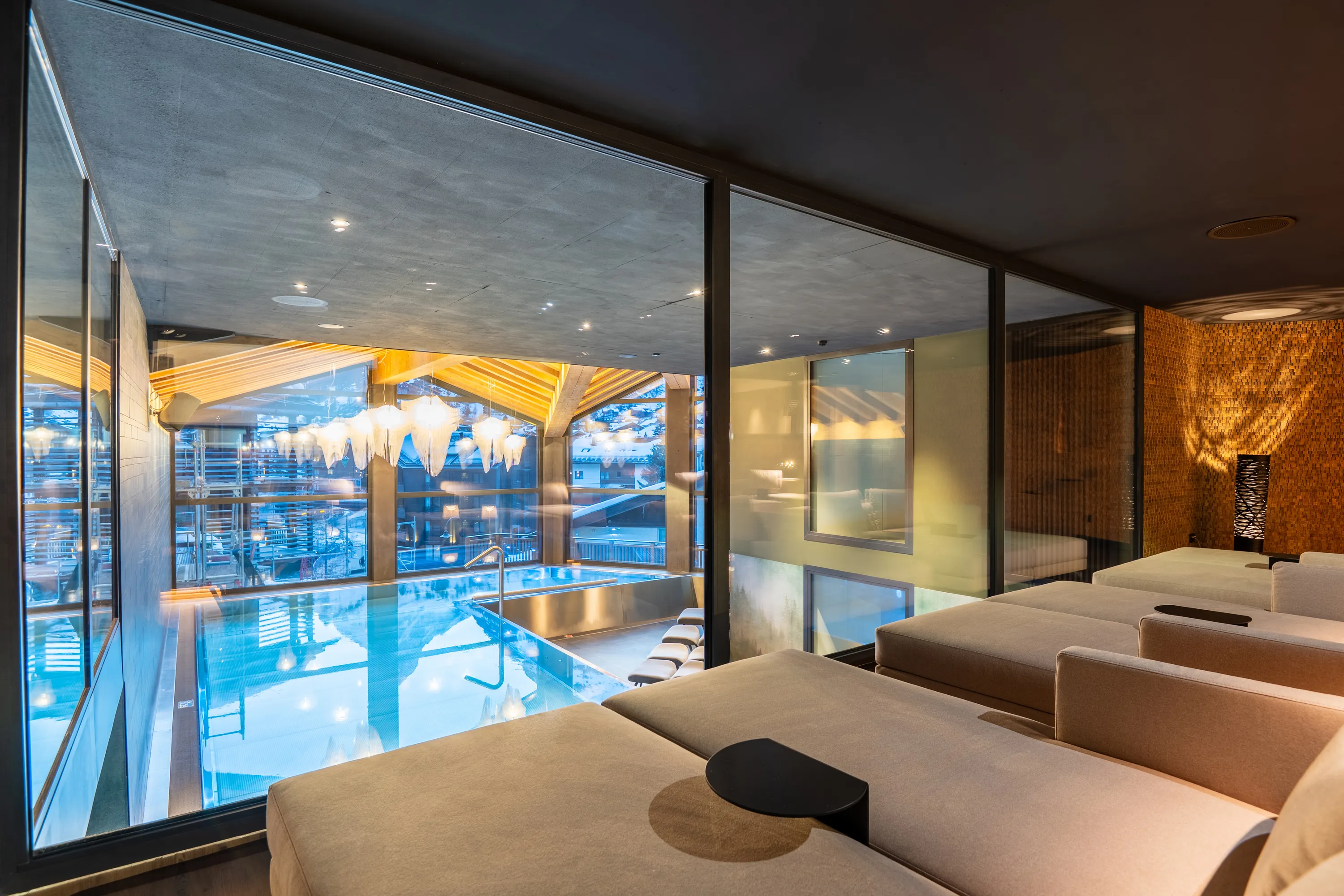 Indoor pool with mountain views